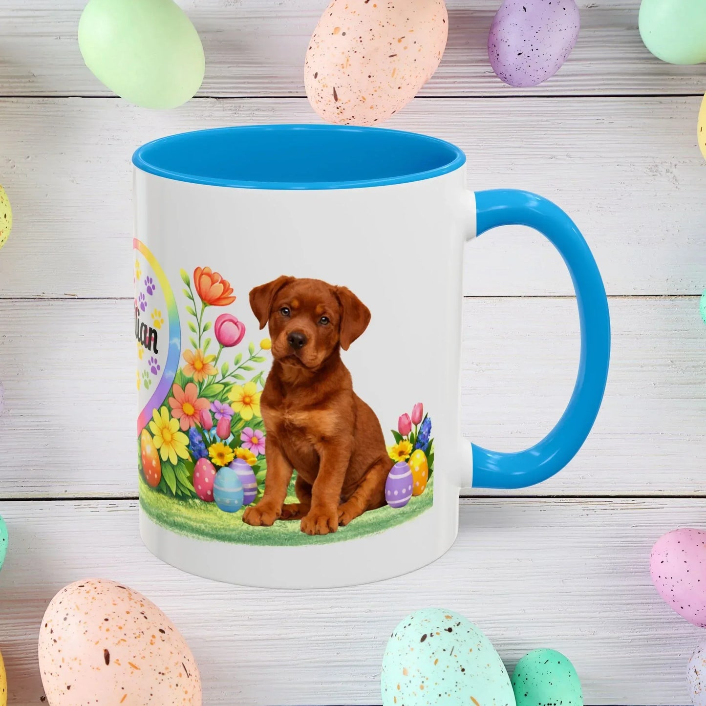 Shop our rottweiler red puppy easter mug featuring the 11oz style option from MySisterIsASurvivor.