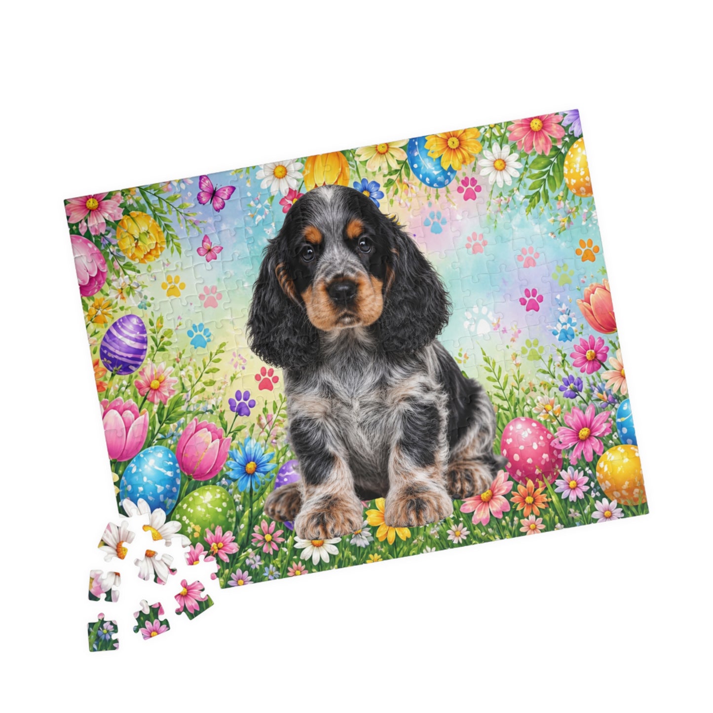 American Cocker Spaniel (Blue Roan) Easter Puppy Puzzle - Spring Garden with Eggs, Tulips, and Daisies
