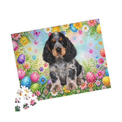 American Cocker Spaniel (Blue Roan) Easter Puppy Puzzle - Spring Garden with Eggs, Tulips, and Daisies