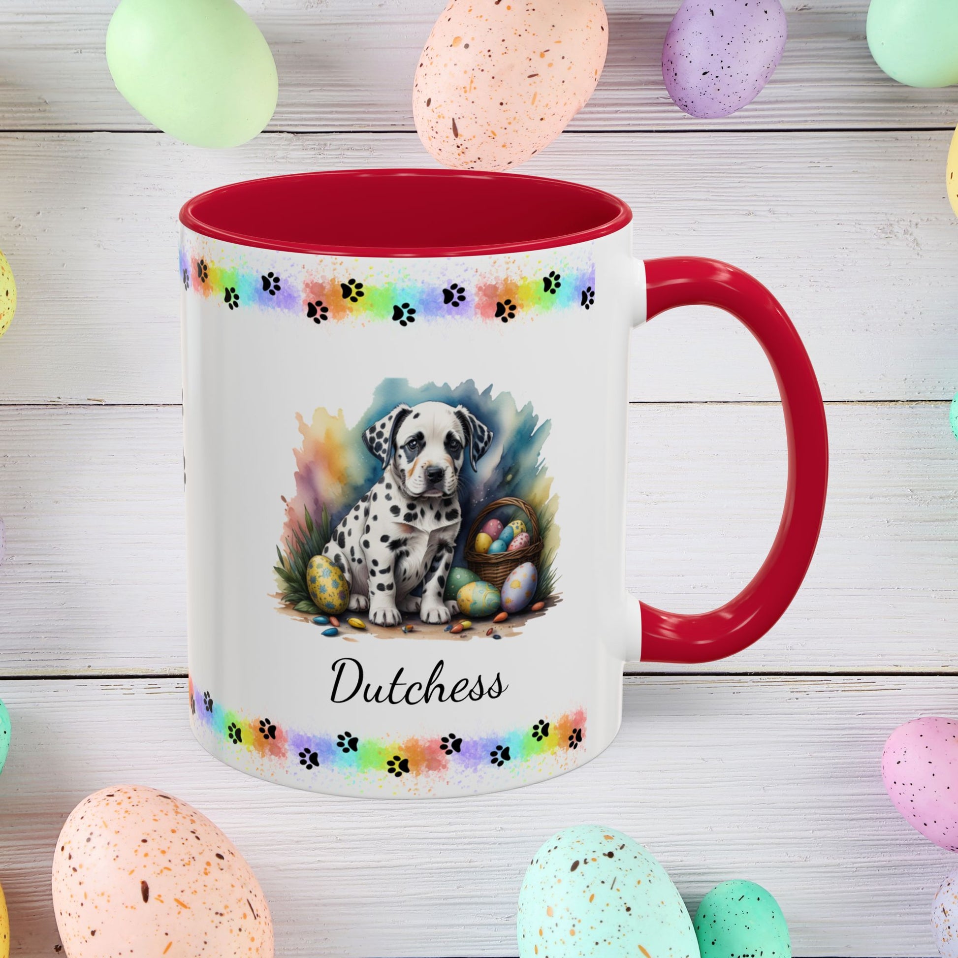 Dalmatian: Personalized Easter Puppy Coffee Mug - Adorable Dog Design, Mental Health Gift, 11oz & 15oz, 12 Color Choices, Easter Gifts & Décor