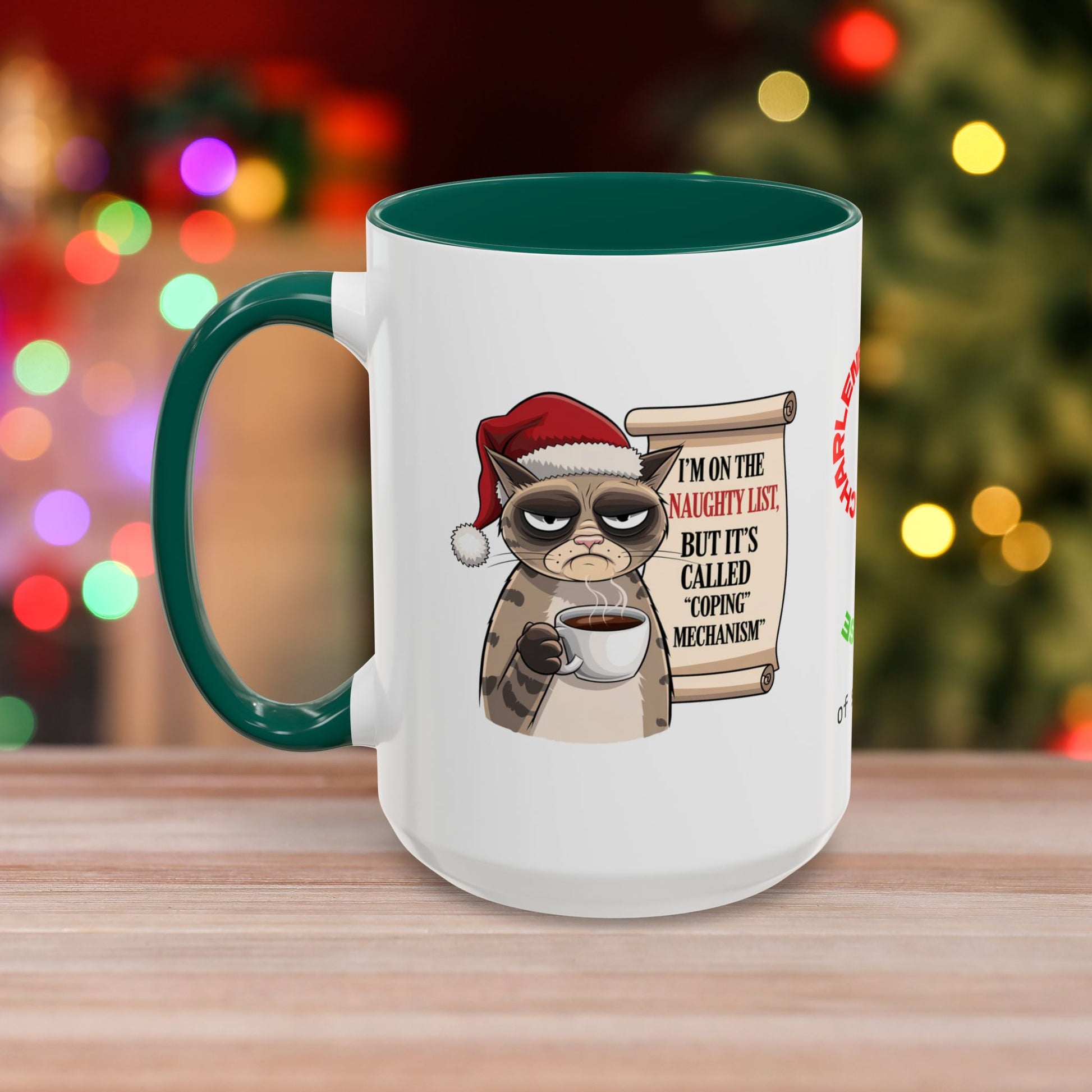 I'm On The Naughty List, But It's Called 'Coping Mechanism' - Christmas Mug with Cat Design and Accent Color