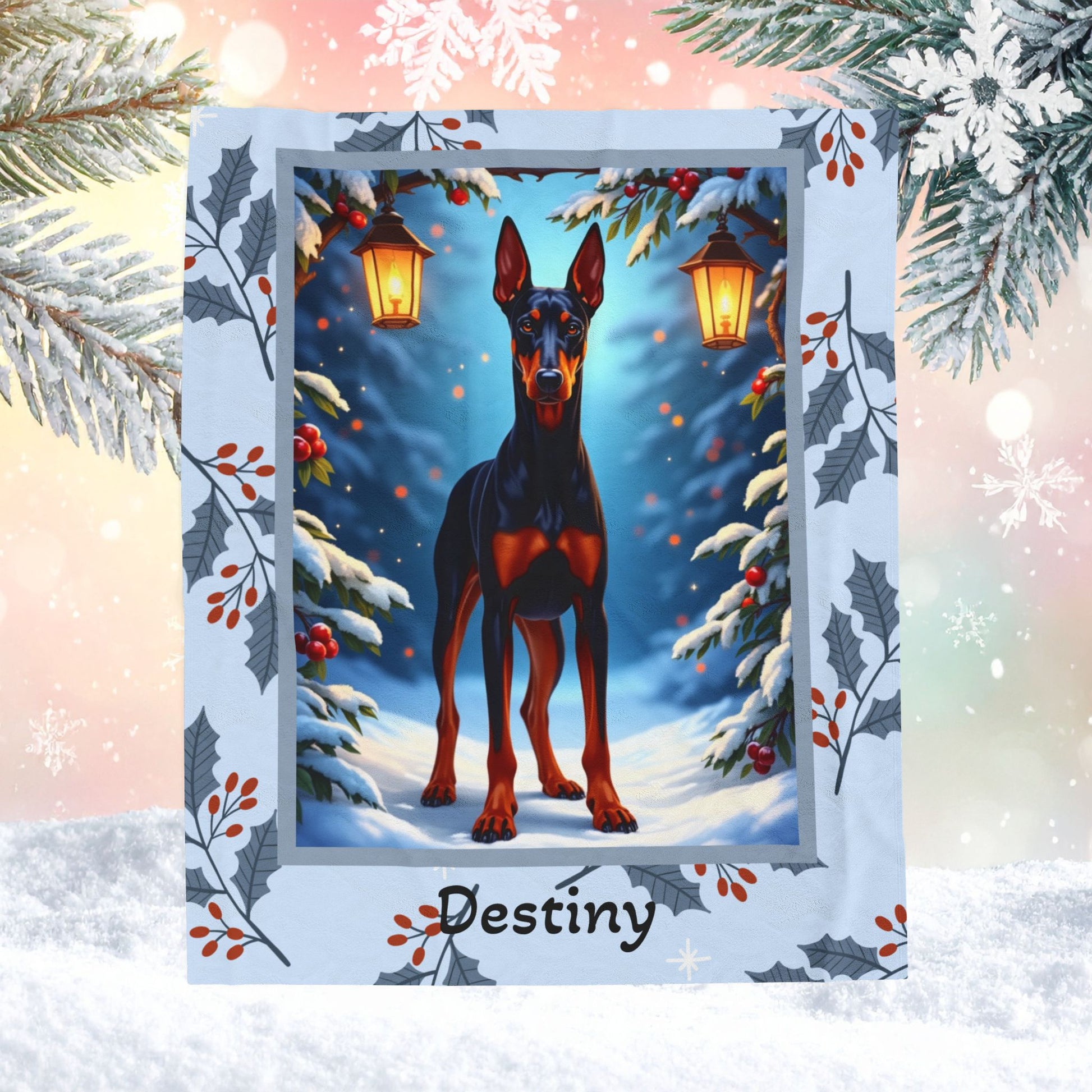 Doberman Black and Rust custom winter blanket featuring a sleek Doberman illustration in a cozy lodge-style winter scene