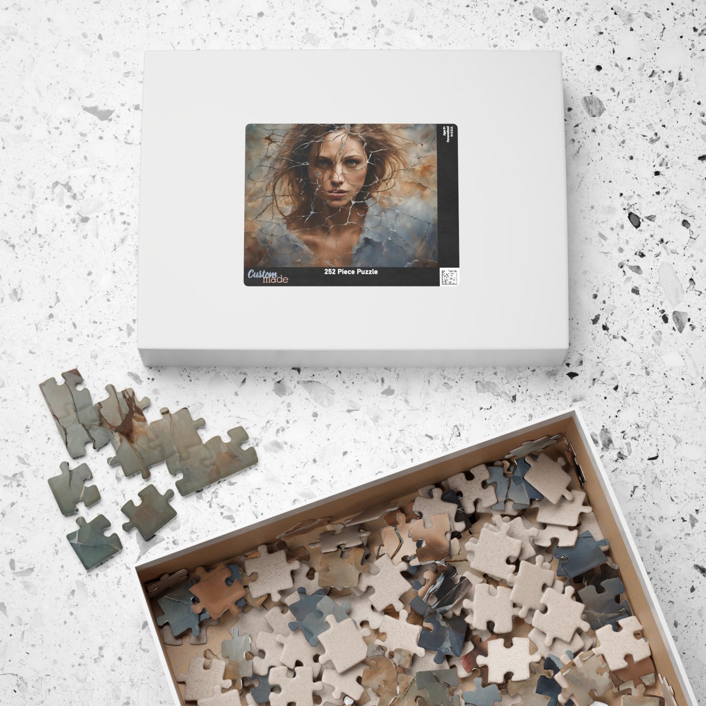 Break Free - Woman's Portrait Puzzle with Cracked Texture in Muted Blue and Brown Tones