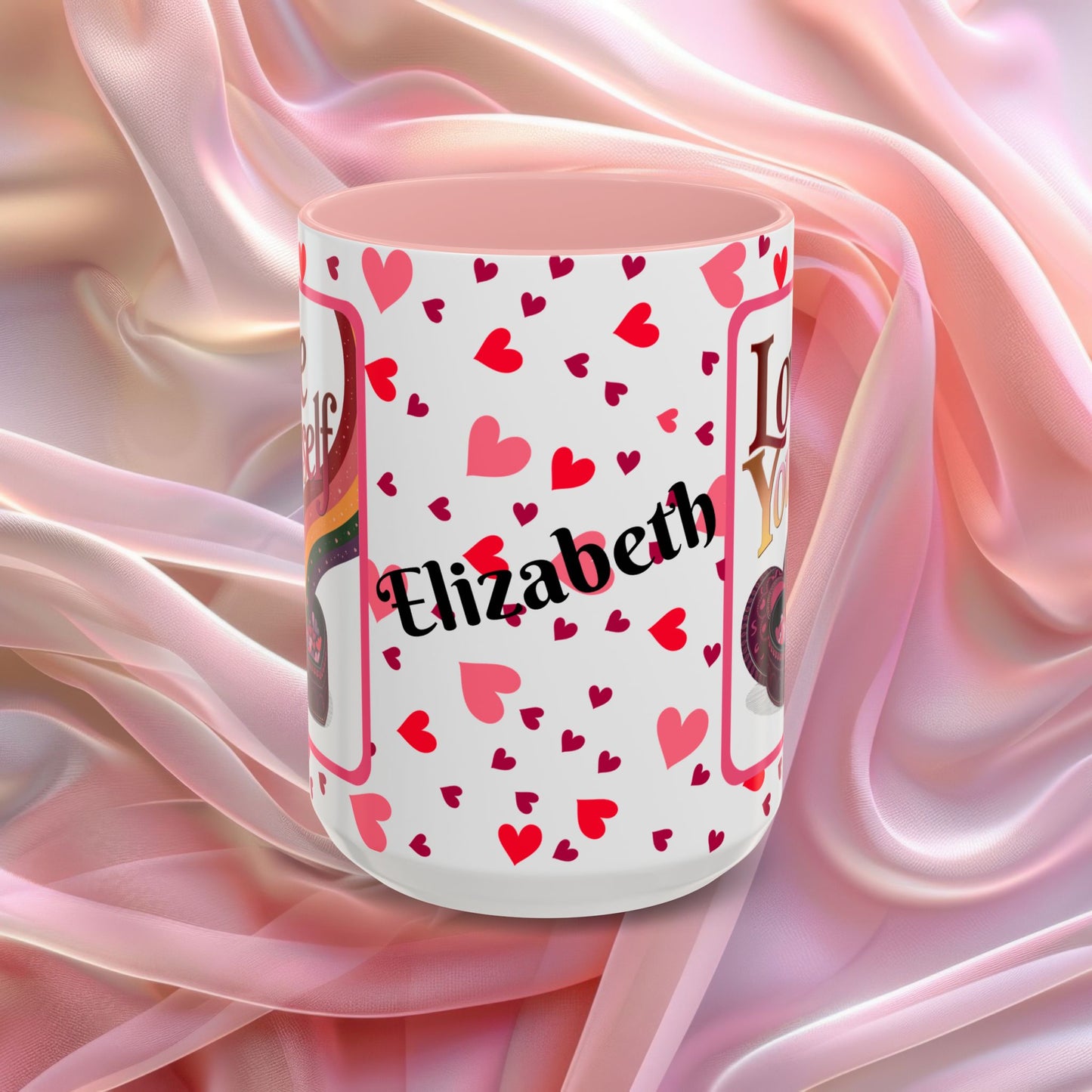 Love Yourself Valentines mug featuring self love message, Valentine themed ceramic coffee cup