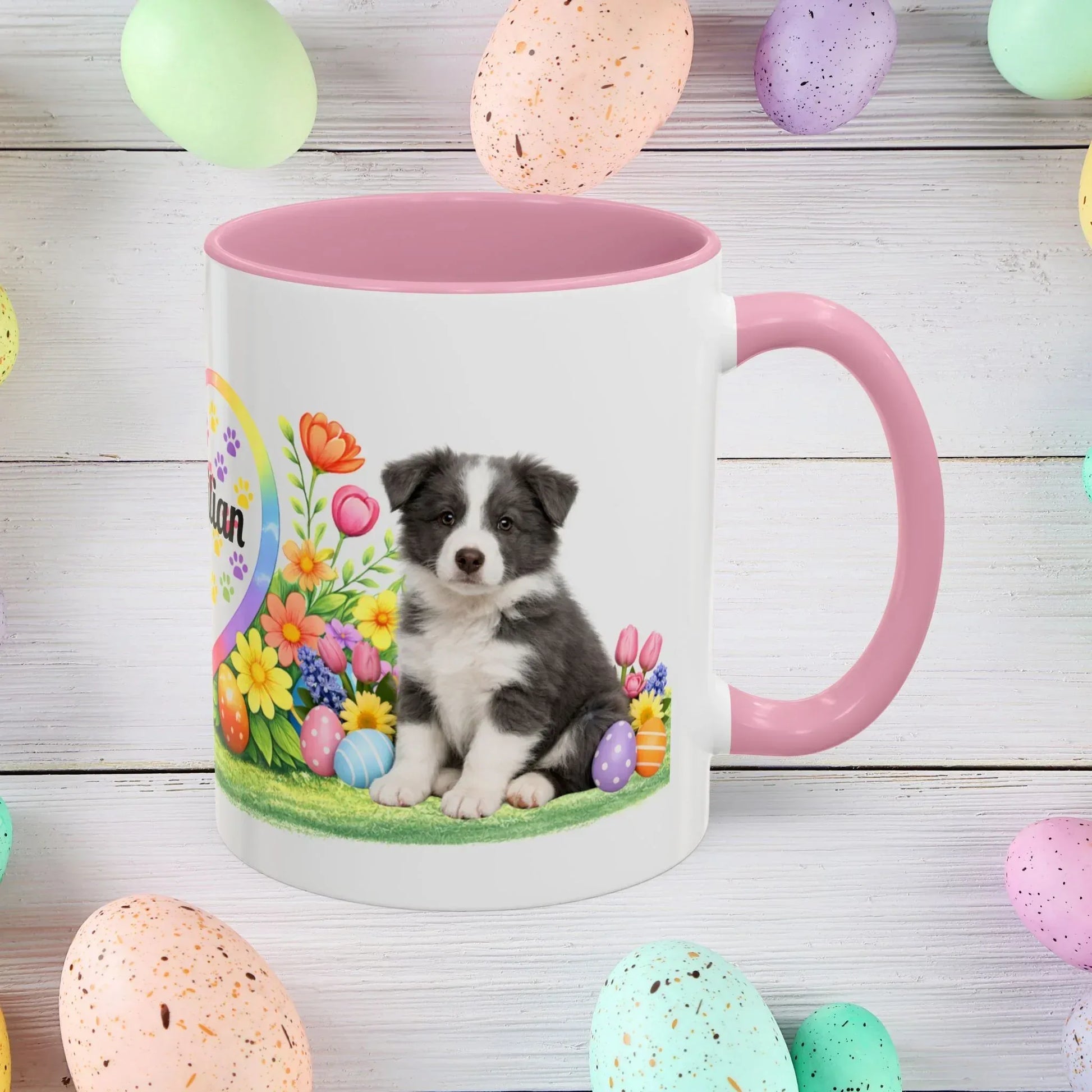 Shop our border collie blue white puppy easter mug featuring the 11oz style option from MySisterIsASurvivor.