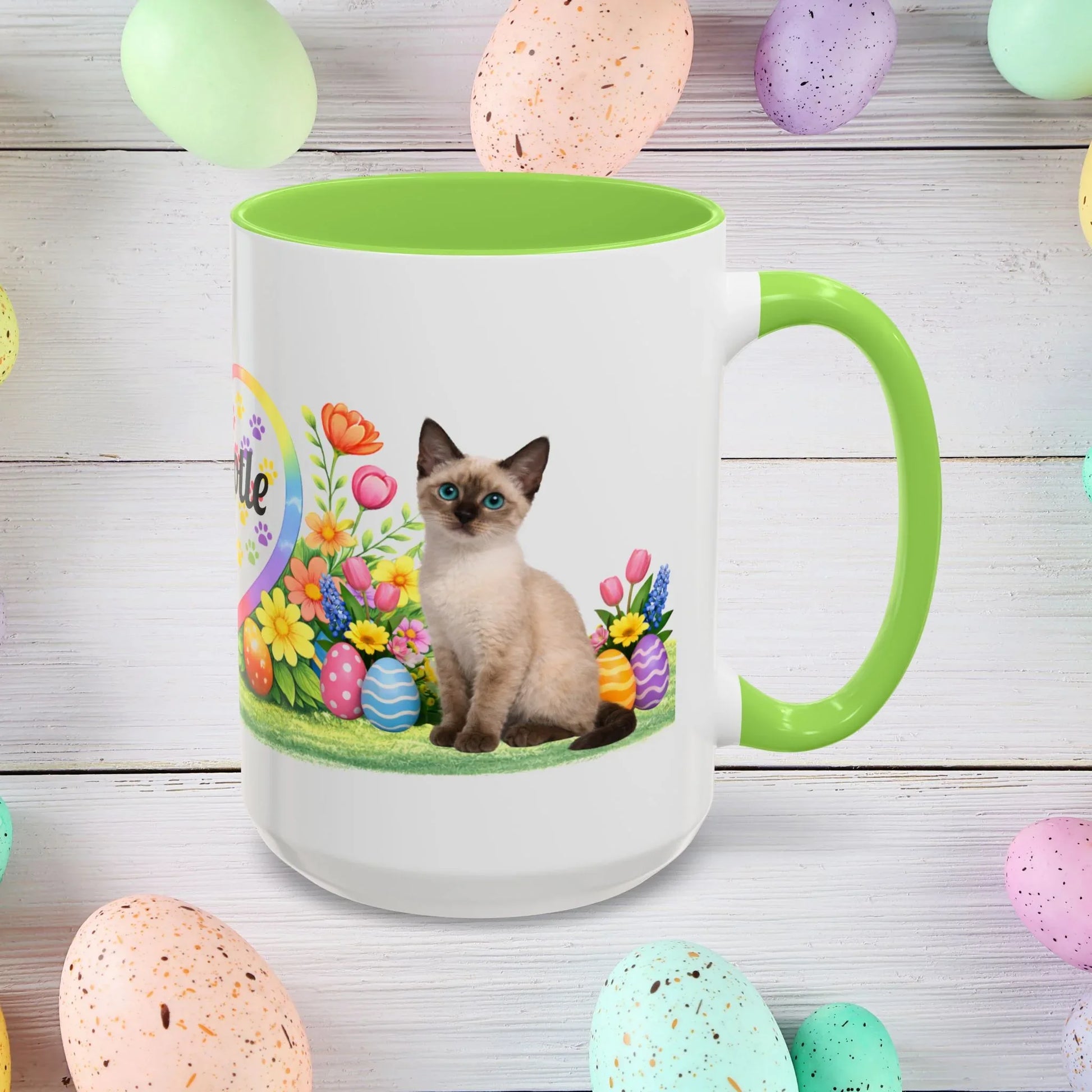Shop our tonkinese kitten easter mug featuring the 15oz style option from MySisterIsASurvivor.