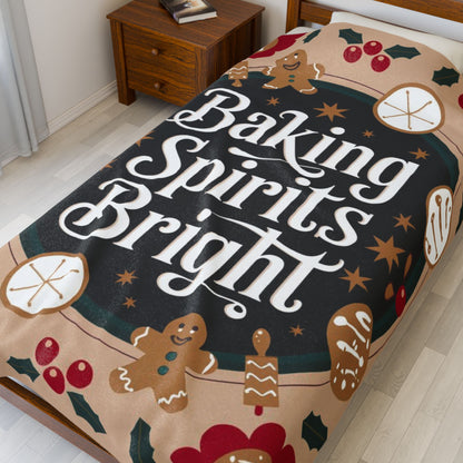 Holiday blanket “Baking Spirits Bright” with festive Christmas design, cozy winter throw for warmth and joy