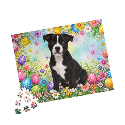Pitbull (Black & White) Easter Puppy Puzzle - Spring Garden with Eggs, Tulips, and Daisies
