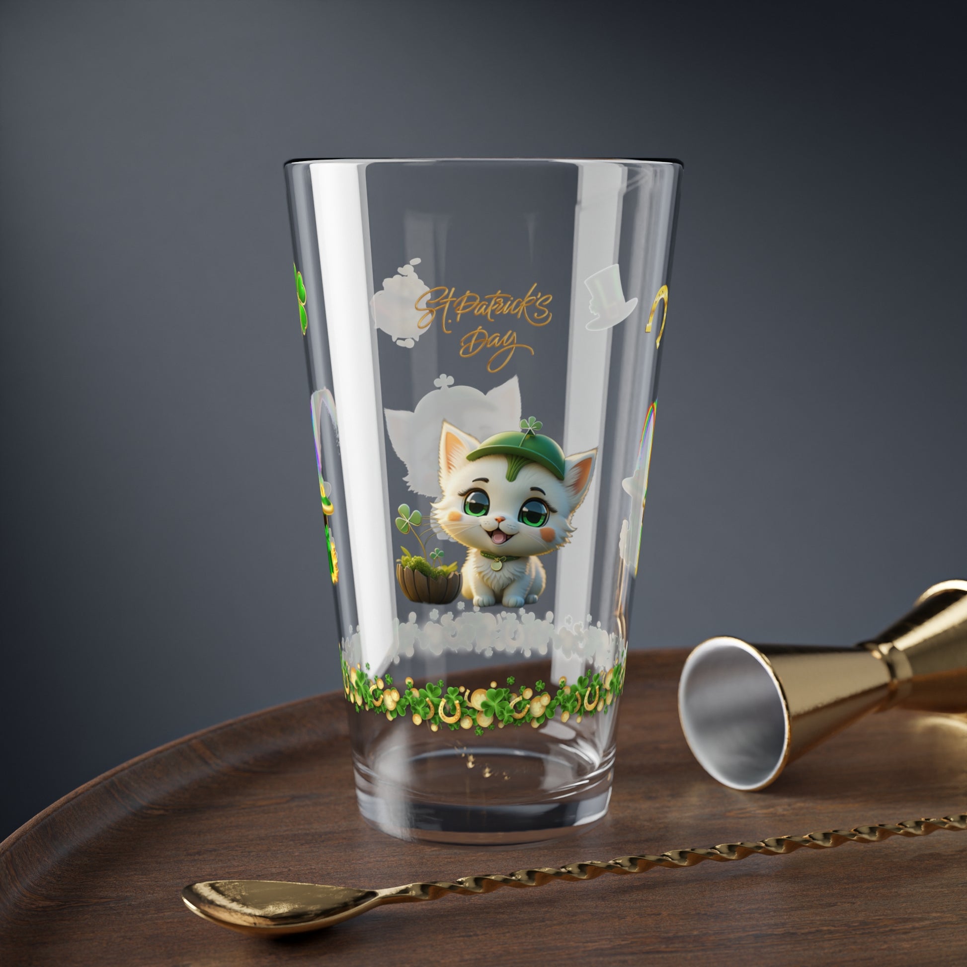 Clover Comfort Cat: Mindful St. Patrick's Day 16oz Pint Glasses - Festive Design for Positivity & Wellness