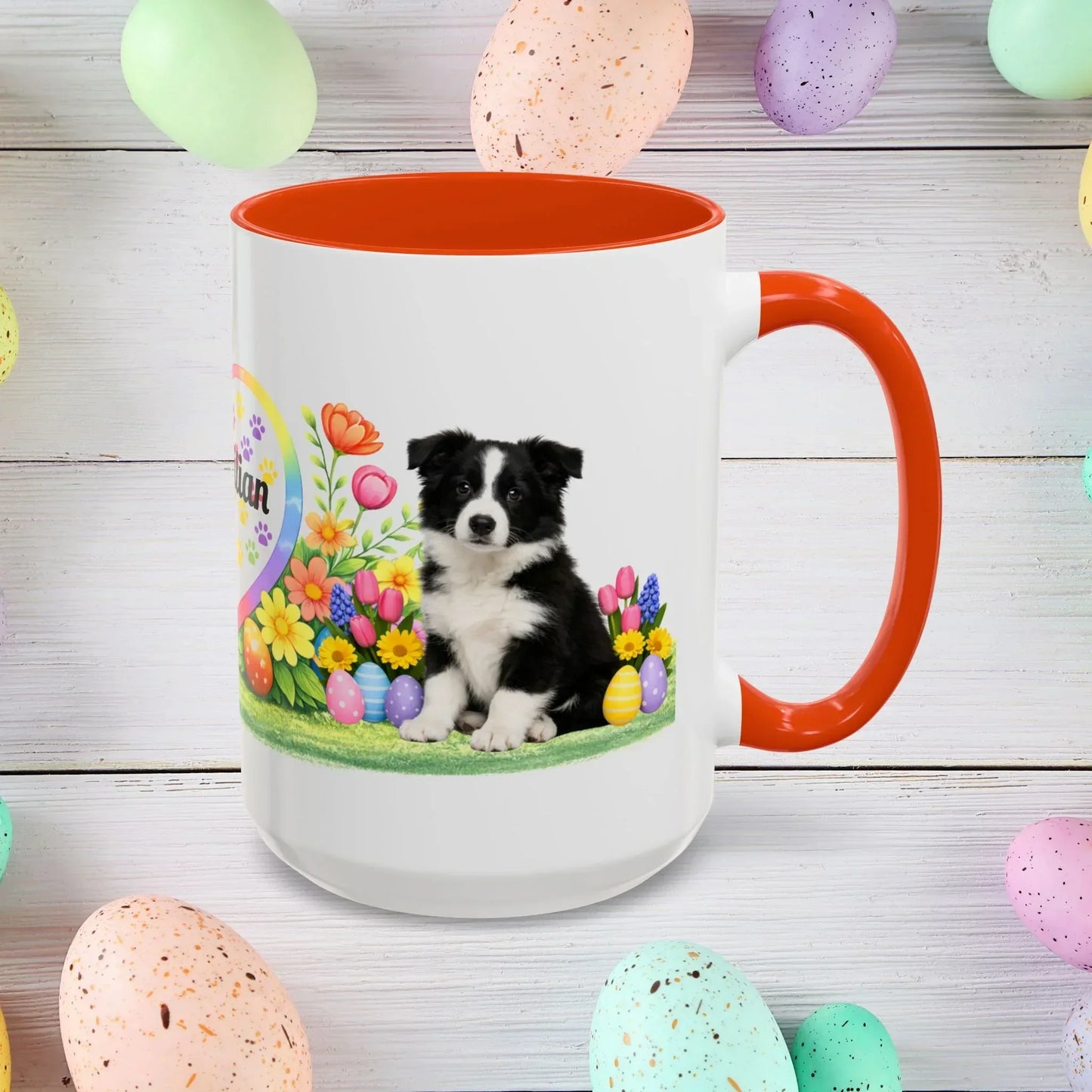 Shop our border collie black white puppy easter mug featuring the 15oz style option from MySisterIsASurvivor.