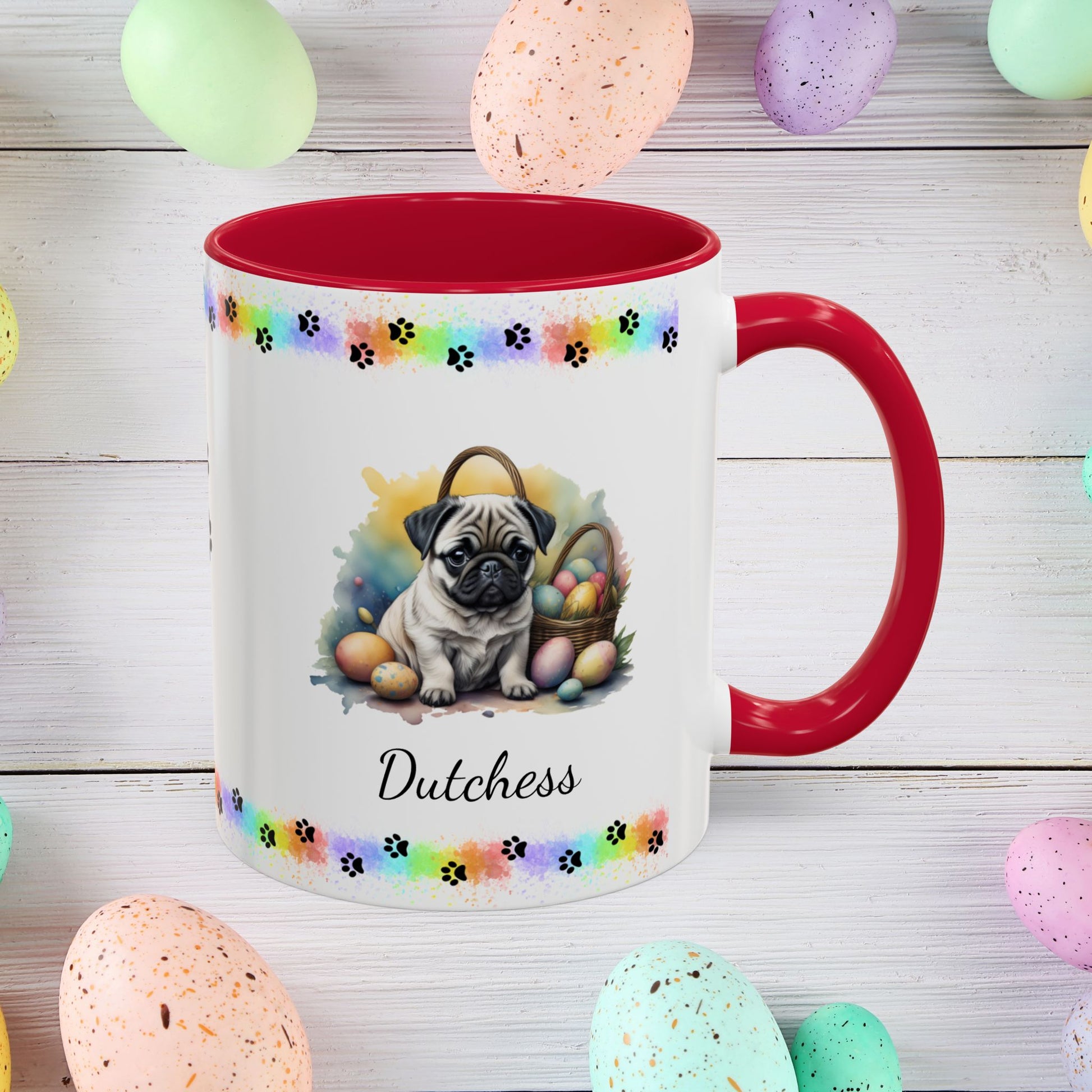 Pug: Personalized Easter Puppy Coffee Mug - Adorable Dog Design, Mental Health Gift, 11oz & 15oz, 12 Color Choices, Easter Gifts & Décor