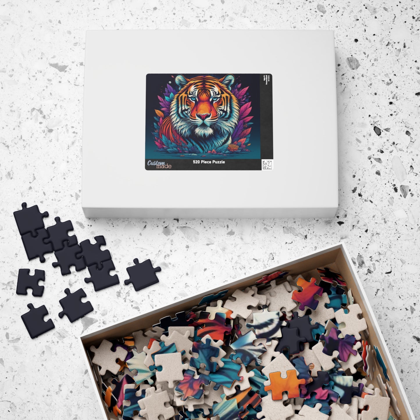 Tiger's Resolve - Jewel-Toned Tiger Puzzle with Tropical Leaves on Dark Navy Background