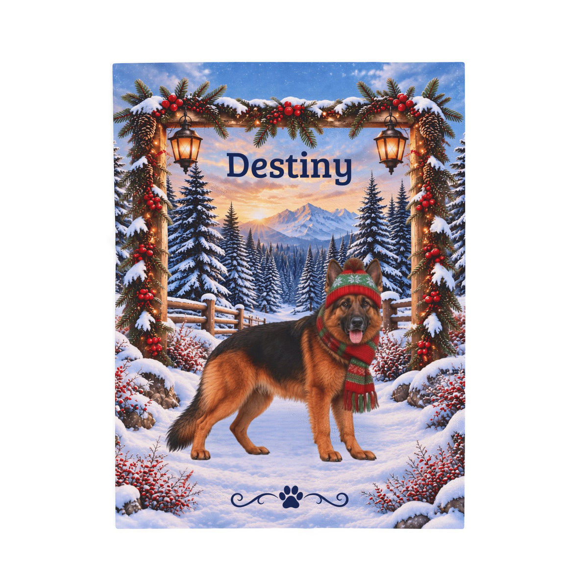 German Shepherd (Black & Red Coat) - Personalized Winter Mountain Blanket, Custom Name Velveteen Throw - MySisterIsAsurvor