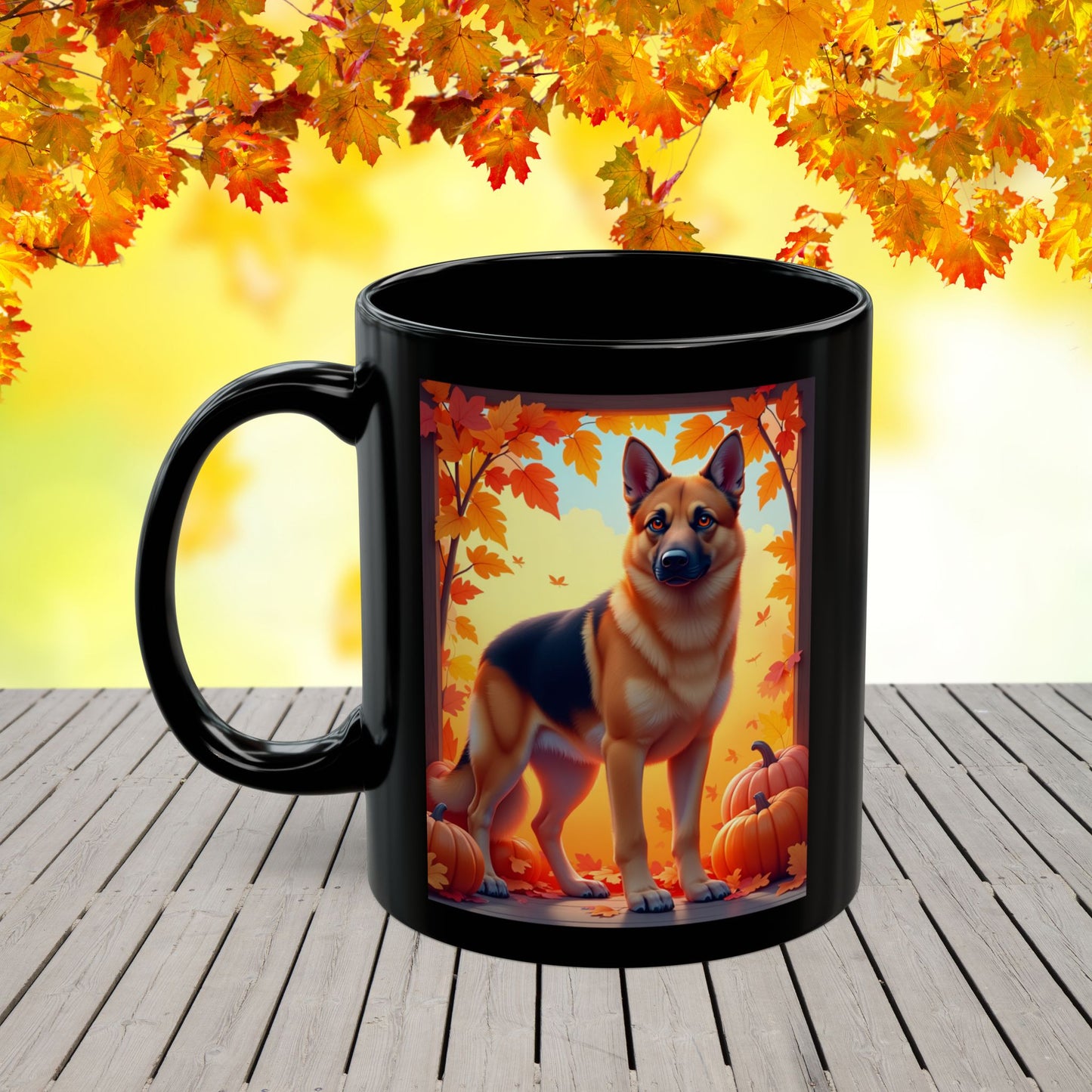 Black & Tan German Shepherd Autumn Custom Coffee Mug - Personalized Dog Lover Cup for Seasonal Sips