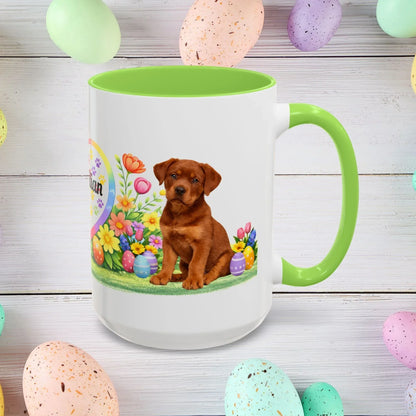 Shop our rottweiler red puppy easter mug featuring the 15oz style option from MySisterIsASurvivor.