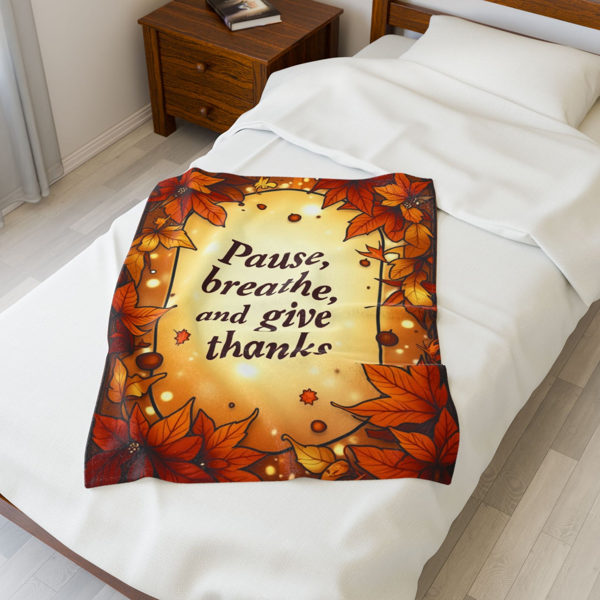 Thanksgiving mindfulness blanket with “Pause, Breathe, and Give Thanks,” cozy calming fall design.