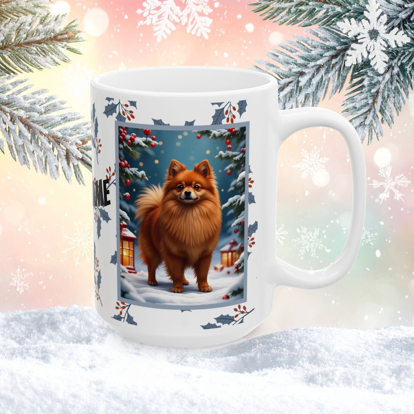 Pomeranian (Red) Winter Mug - red pomeranian illustrated standing in a winter scene with seasonal background