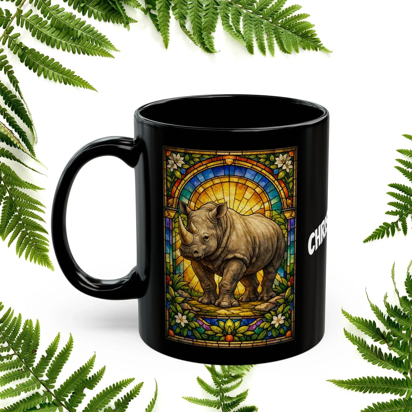 Shop our premium rhino stained glass style black mug from MySisterIsASurvivor.