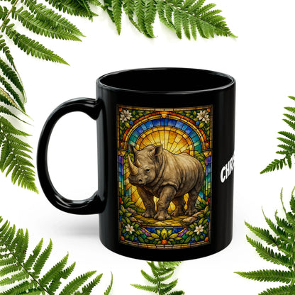 Shop our premium rhino stained glass style black mug from MySisterIsASurvivor.