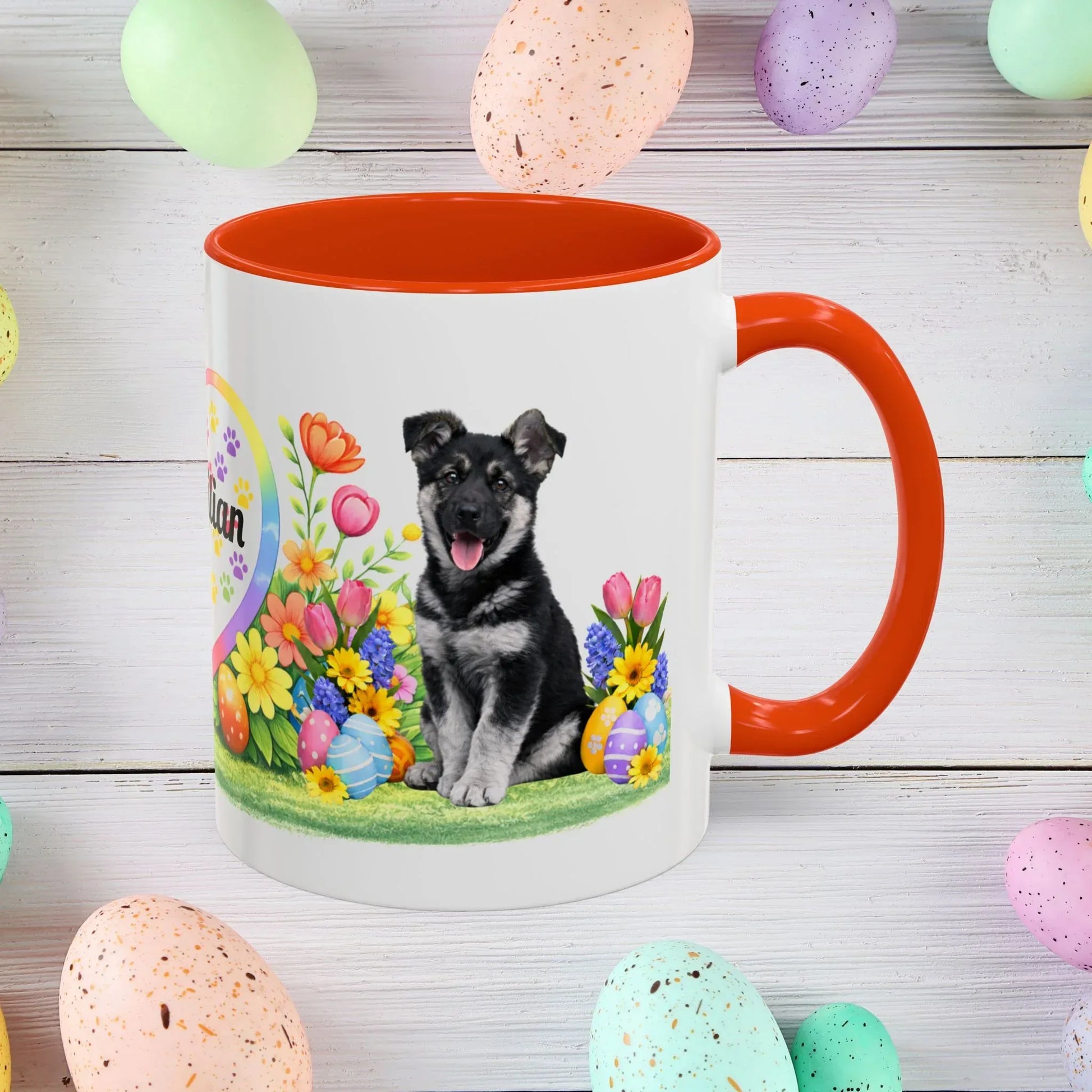 Shop our german shepherd black silver puppy easter mug featuring the 11oz style option from MySisterIsASurvivor.