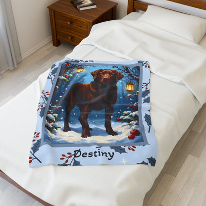 Labrador Retriever Chocolate personalized winter throw with friendly chocolate Lab artwork in a cozy lodge scene