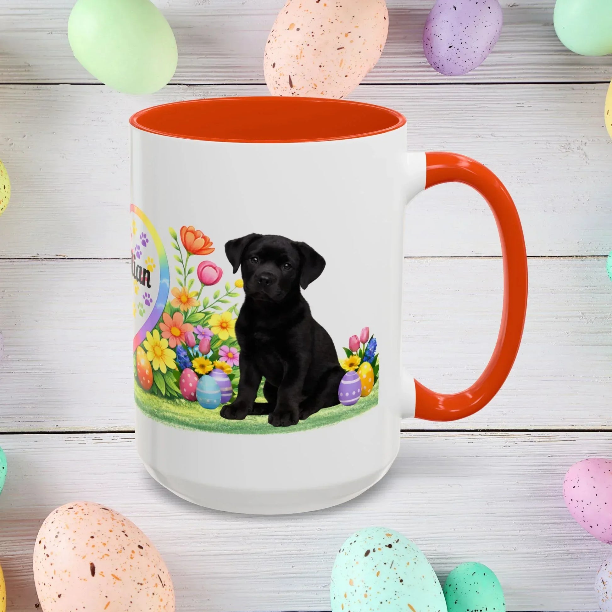 Shop our rottweiler black puppy easter mug featuring the 15oz style option from MySisterIsASurvivor.