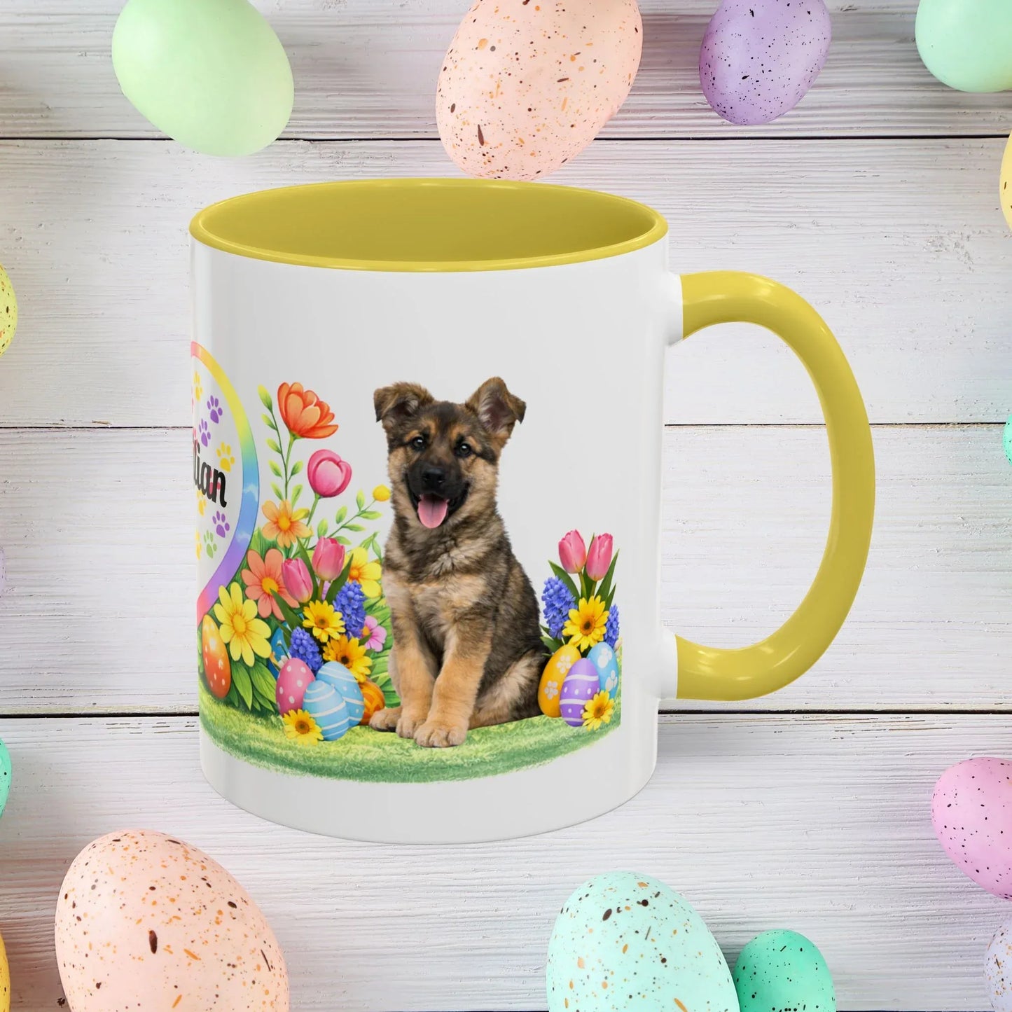 Shop our german shepherd sable puppy easter mug featuring the 15oz style option from MySisterIsASurvivor.