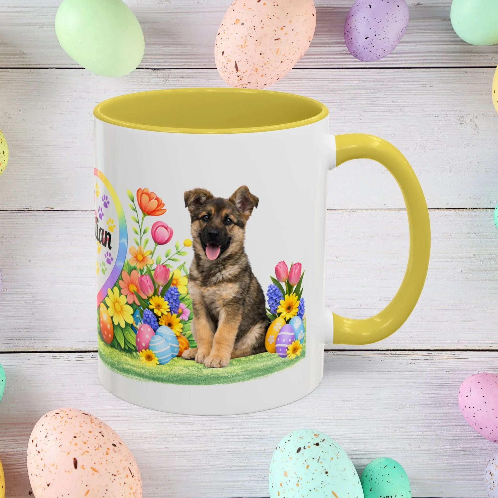 Shop our german shepherd sable puppy easter mug featuring the 15oz style option from MySisterIsASurvivor.