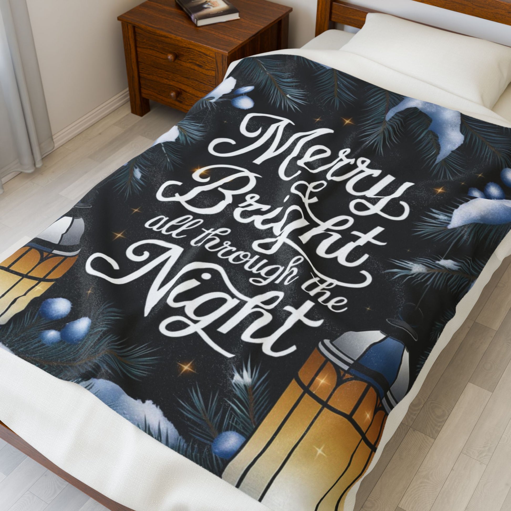 Cozy Christmas blanket “Merry & Bright, All Through the Night” festive throw for comfort and joy