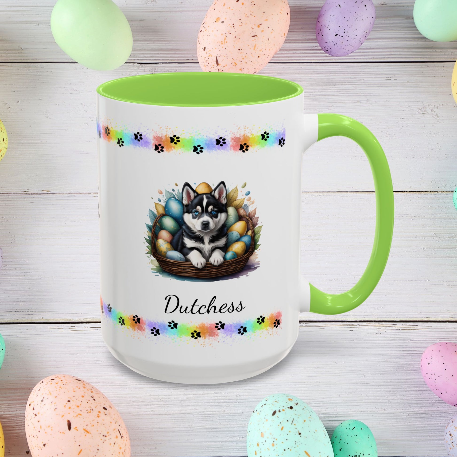 Siberian Husky: Personalized Easter Puppy Coffee Mug - Adorable Dog Design, Mental Health Gift, 11oz & 15oz, 12 Color Choices, Easter Gifts & Décor
