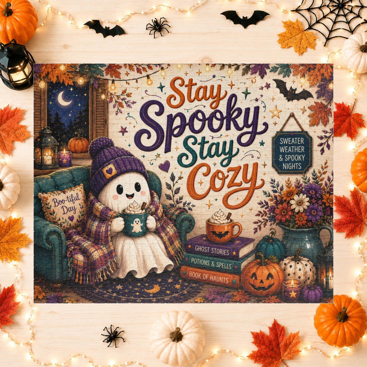 Stay Spooky Stay Cozy Halloween Puzzle - Ghost in Armchair with Boo-tiful Day Pillow and Ghost Stories Books