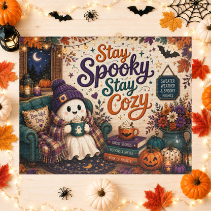 Stay Spooky Stay Cozy Halloween Puzzle - Ghost in Armchair with Boo-tiful Day Pillow and Ghost Stories Books