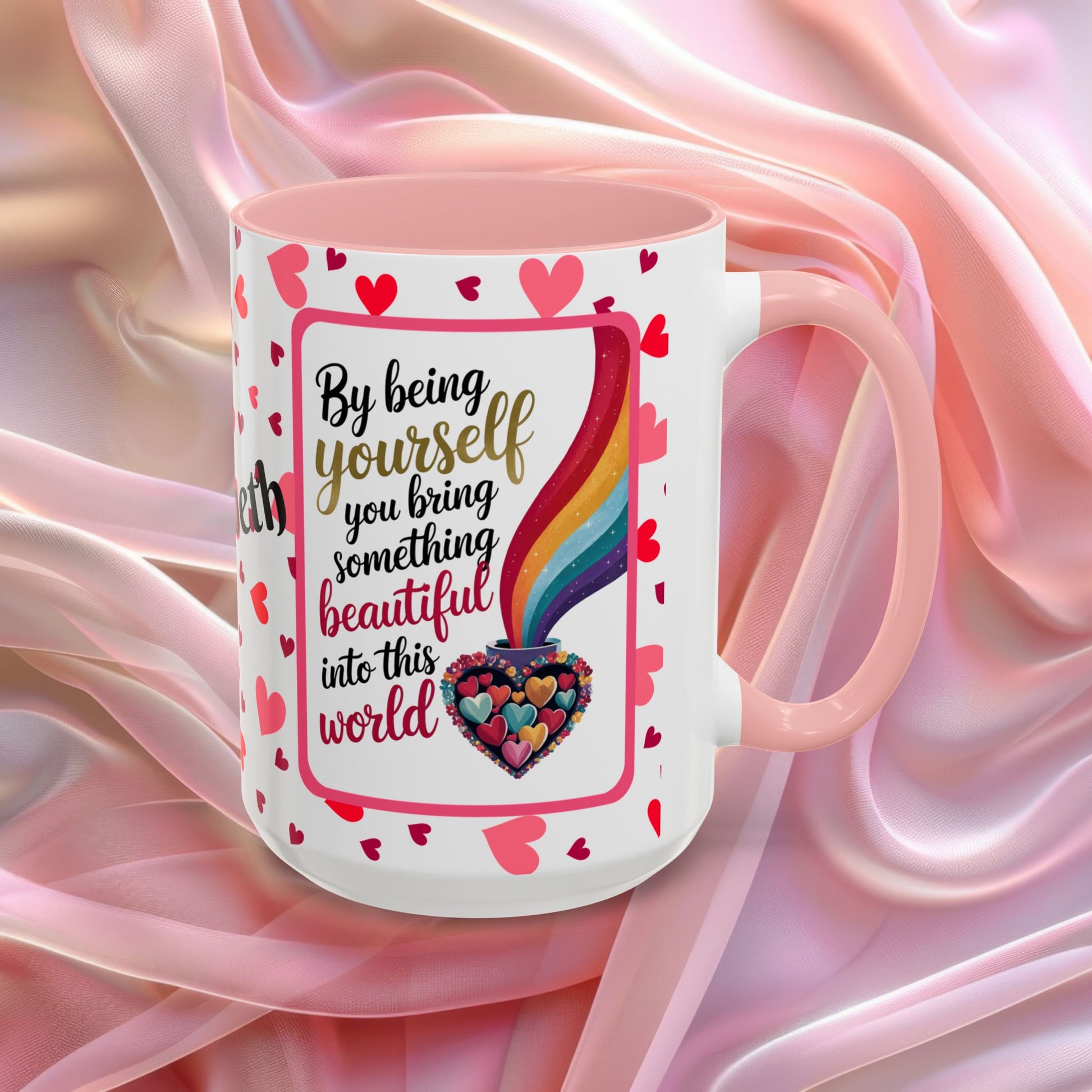 By Being Yourself Valentines mug featuring encouraging words, self love Valentine coffee cup design
