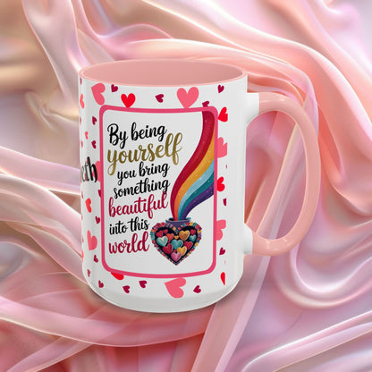 By Being Yourself Valentines mug featuring encouraging words, self love Valentine coffee cup design
