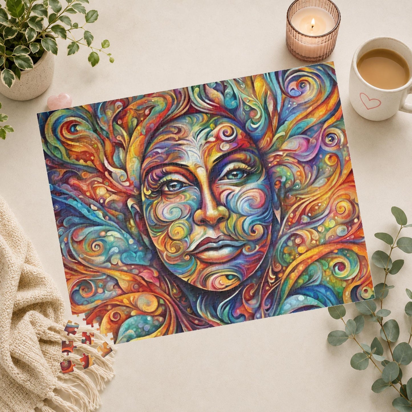 Therapeutic Canvas - Psychedelic Face-as-Canvas Puzzle with Swirling Spirals in Teal, Orange, and Purple