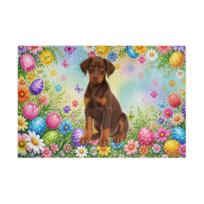 Doberman (Red & Rust) Easter Puppy Puzzle - Spring Garden with Eggs, Tulips, and Daisies