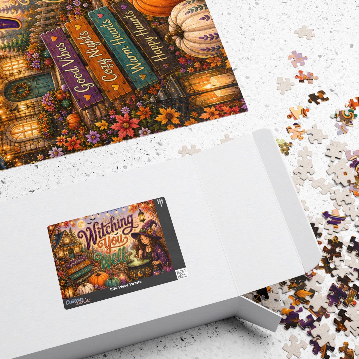 Witching You Well Halloween Puzzle - Witch Stirring Cauldron with Pumpkins, Full Moon, and Cottage