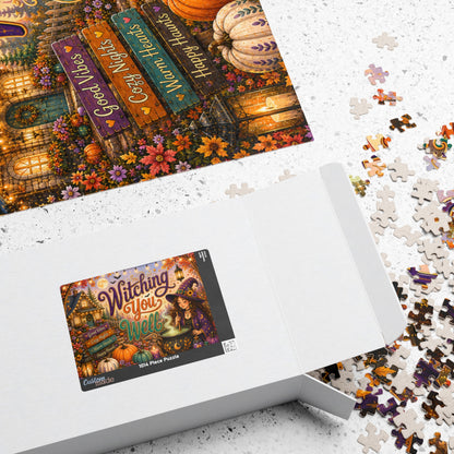 Witching You Well Halloween Puzzle - Witch Stirring Cauldron with Pumpkins, Full Moon, and Cottage