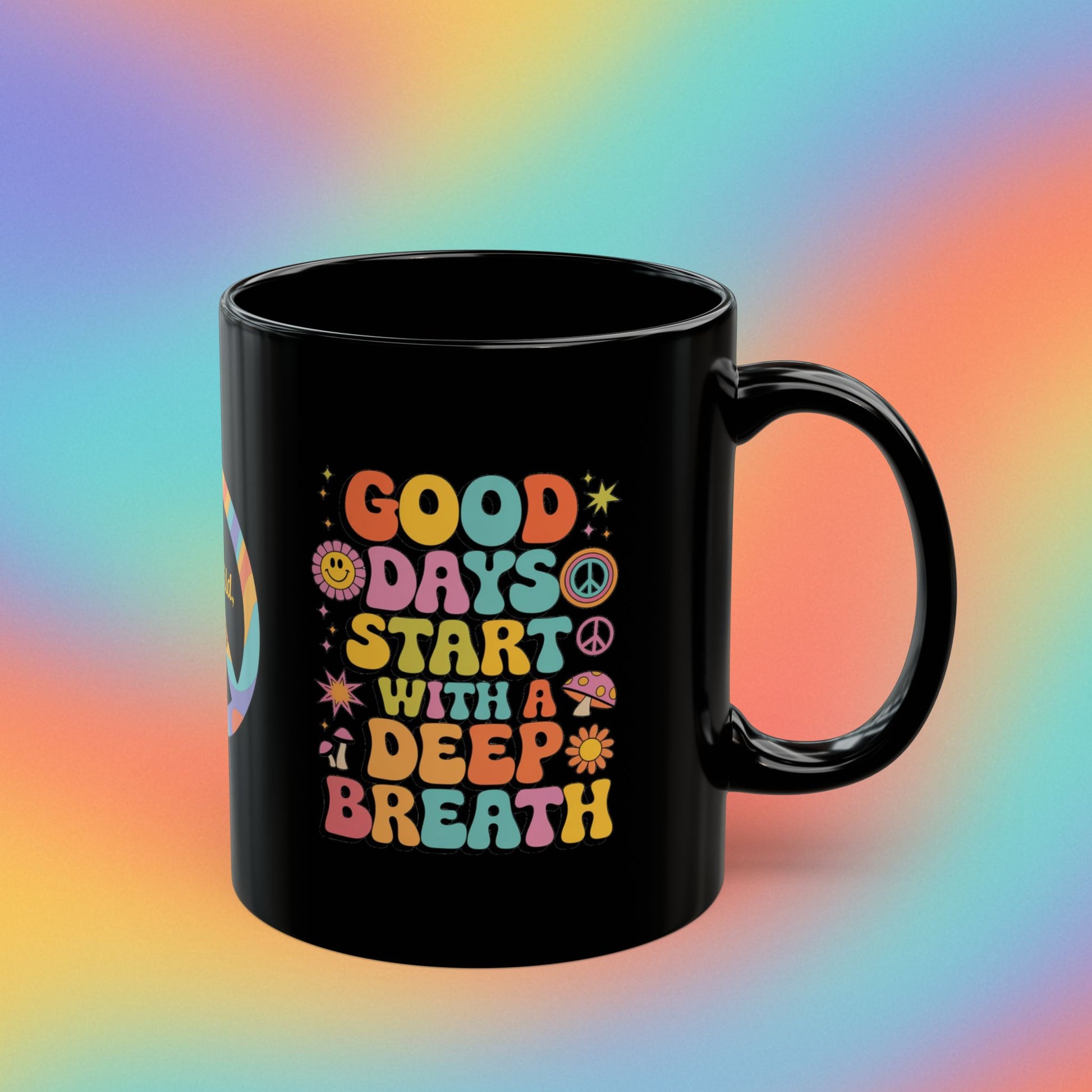 Good Days Start with a Deep Breath retro 70s mental health coffee mug - MySisterIsASurvivor