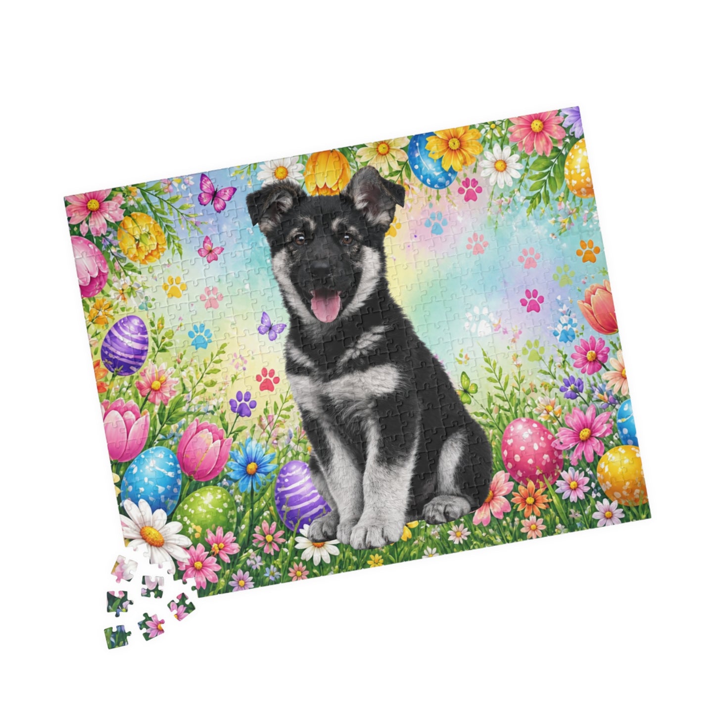 German Shepherd (Black & Silver) Easter Puppy Puzzle - Flowers, Eggs, and Spring Fun