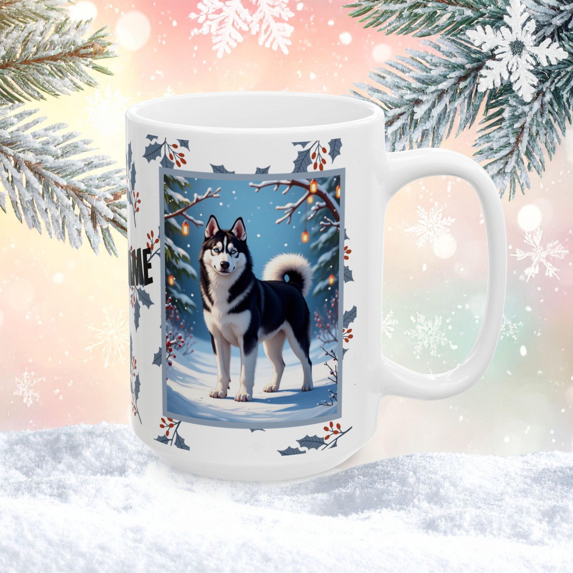 Husky (Black & White) Winter Mug - black and white husky artwork standing in a crisp winter setting with snowfall