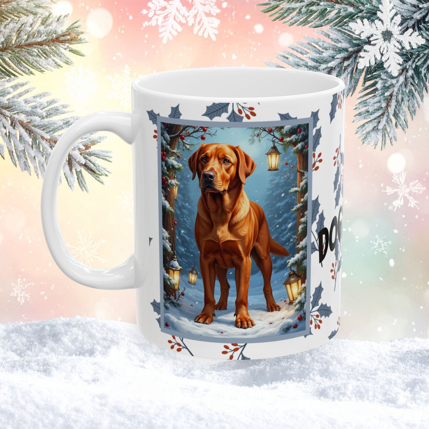 Labrador Retriever (Fox Red) Winter Mug - fox red labrador retriever artwork standing in a winter scene with pine trees