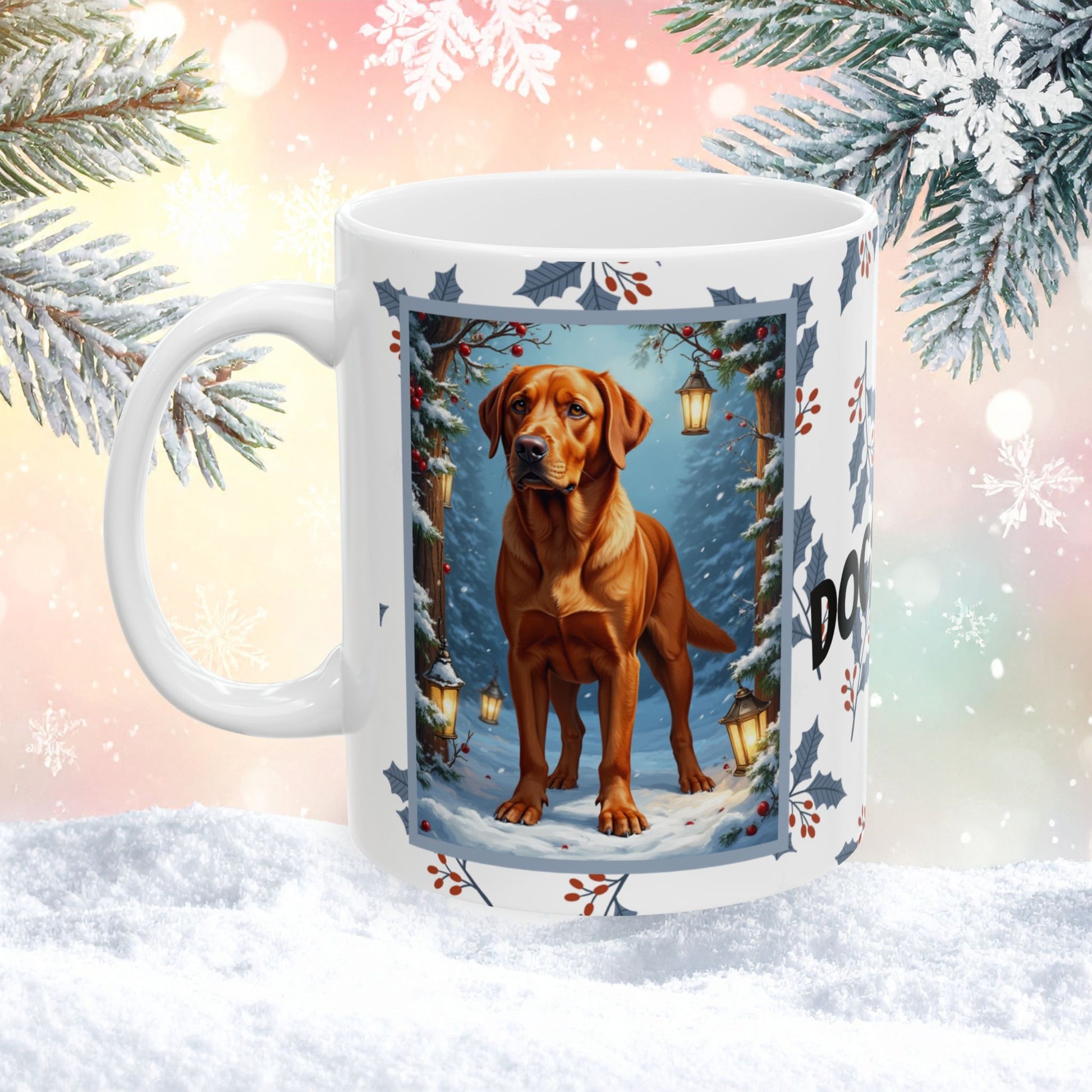 Labrador Retriever (Fox Red) Winter Mug - fox red labrador retriever artwork standing in a winter scene with pine trees