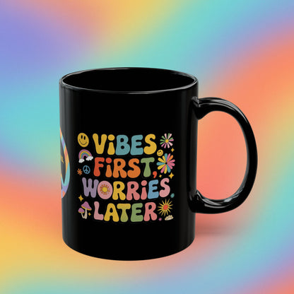 Vibes First Worries Later Retro 70s Mug, Groovy Mental Wellness Coffee Gift - MySisterIsASurvivor