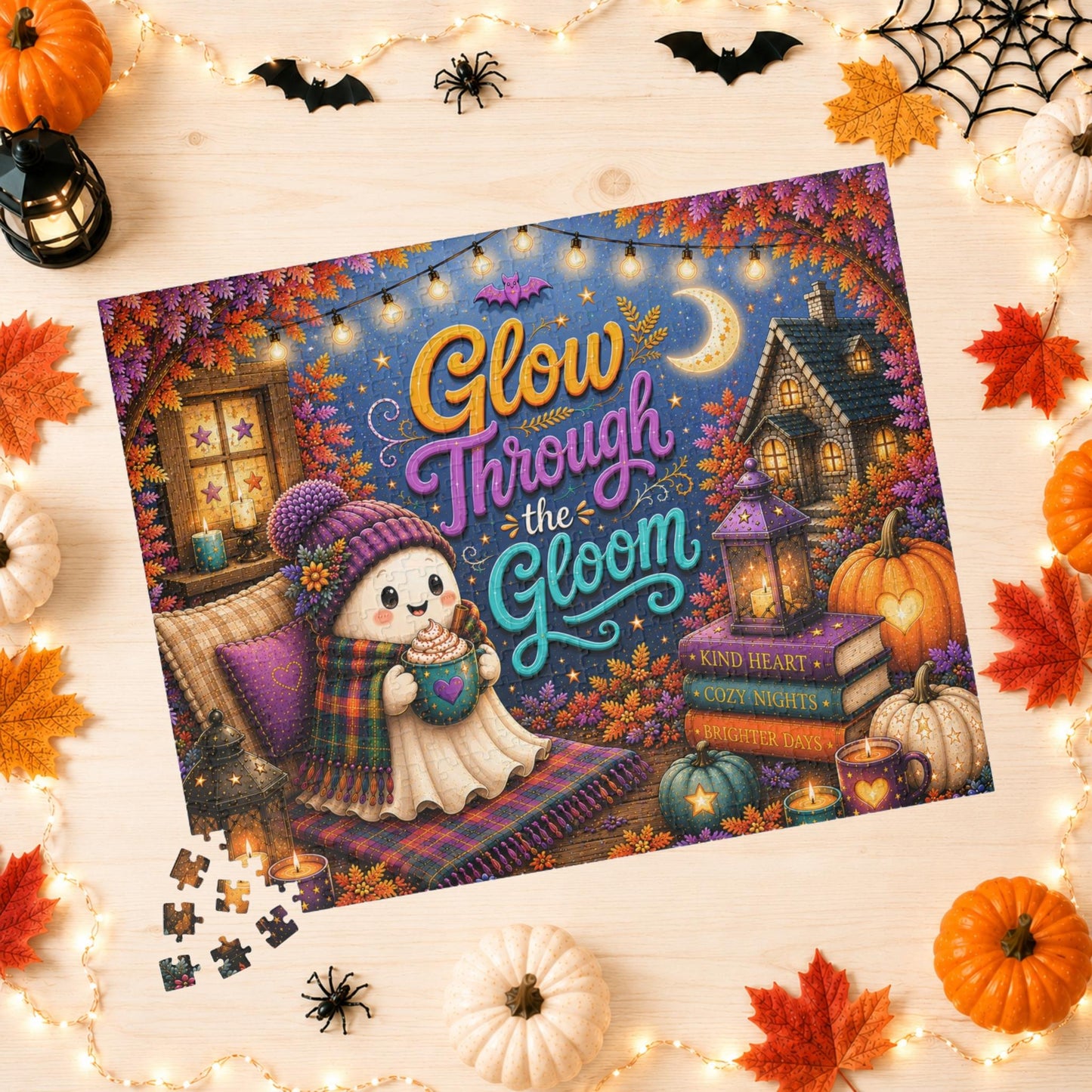 Glow Through the Gloom Halloween Puzzle - Cozy Ghost with Heart Mug, Kind Heart Books, and Cottage