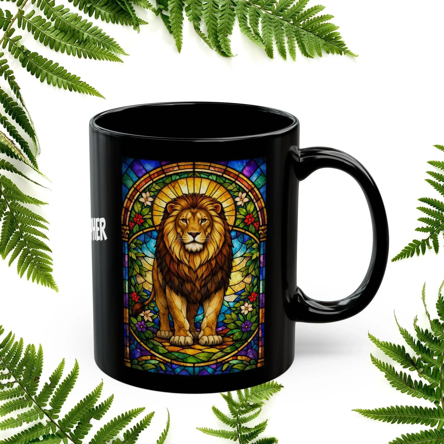 Shop our premium lion stained glass style black mug from MySisterIsASurvivor.