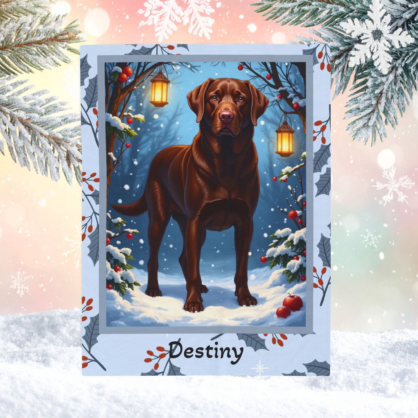 Labrador Retriever Chocolate personalized winter throw with friendly chocolate Lab artwork in a cozy lodge scene