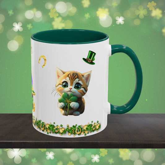 Tranquil Treasures with Tiny Whiskers: St. Patrick's Day Two-Tone Coffee Mug - Festive Ceramic Mug for Positivity & Mindfulness