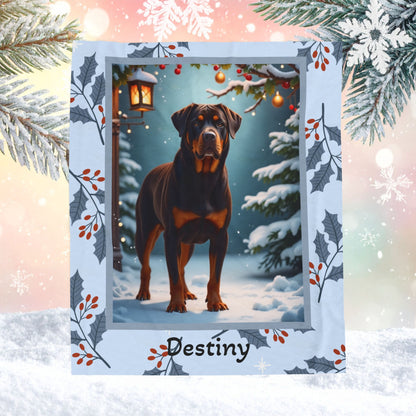 Rottweiler Chocolate personalized winter throw with a rich chocolate Rottweiler illustrated in a bright lodge setting