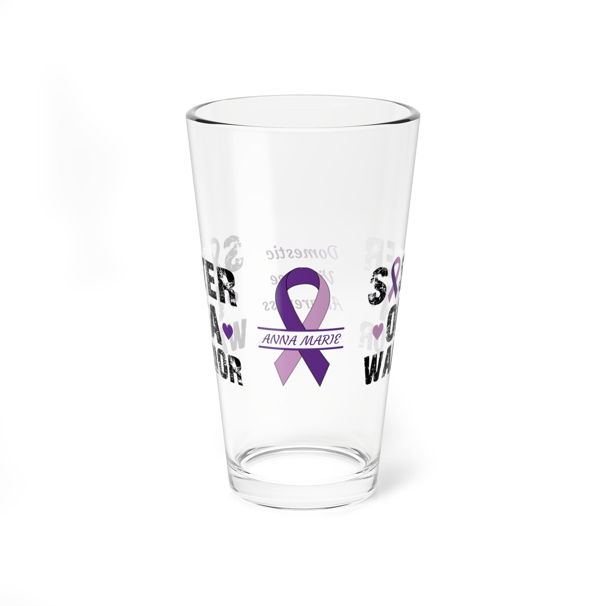Sister of a Warrior: Personalized Domestic Violence Awareness Warrior Pint Glass - Proud Family Member